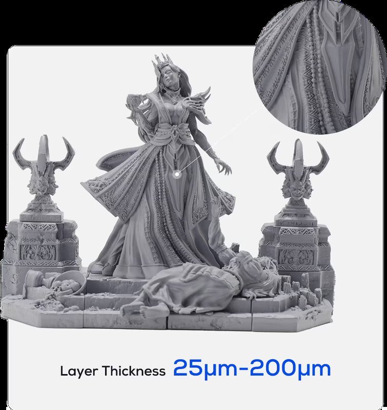 A detailed 3D print created by the emake3d Galaxy 1 printer is displayed, showcasing intricate detailing and high precision. The central figure is a regal character adorned in a lavish, flowing gown with elaborate patterns, highlighted by a circular inset that focuses on the fine embroidery-like texture. The scene is flanked by ornate, symmetrical structures, resembling stylized columns or pedestals with horned statues. In the foreground, a reclining figure is depicted, adding depth and complexity to the composition. The setting appears to be a detailed diorama or display piece, emphasizing the printer’s capability to achieve a layer thickness ranging from 25µm to 200µm, as noted in the bottom section of the image. The text is styled in a modern font, indicating the precision of the emake3d Galaxy 1's output, which is evident in the intricate features of the print.