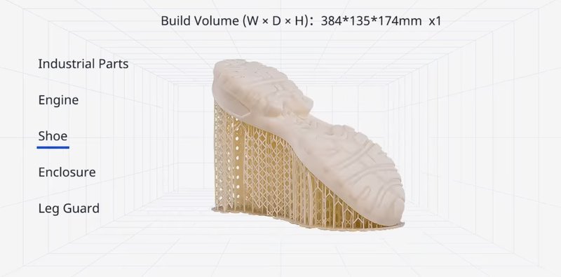 An output sample from the emake3d Galaxy 1 3D printer, showcasing a detailed 3D-printed shoe sole with a complex support structure. The build volume is specified as 384x135x174mm, indicating the dimensions of the print capacity. The image highlights the intricate lattice design in the shoe's support system, demonstrating the printer's precision and capability in creating detailed and functional prototypes. The setting appears to be a diagrammatic context with a grid background, emphasizing the technical aspects of the print. Branding or specific emblems are not visible, but the text mentions different potential applications such as industrial parts and engines, suggesting the printer's versatility.