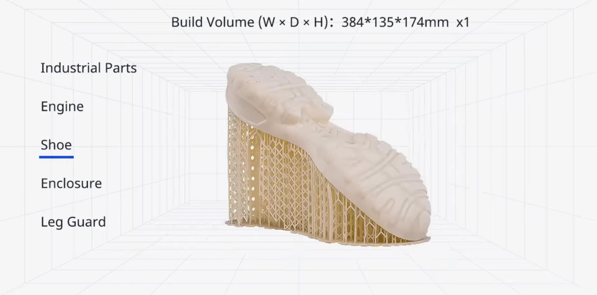 emake3d galaxy 1 3D prints a shoe with intricate support structures, showcasing a build volume of 384x135x174mm in a grid-lined setting.