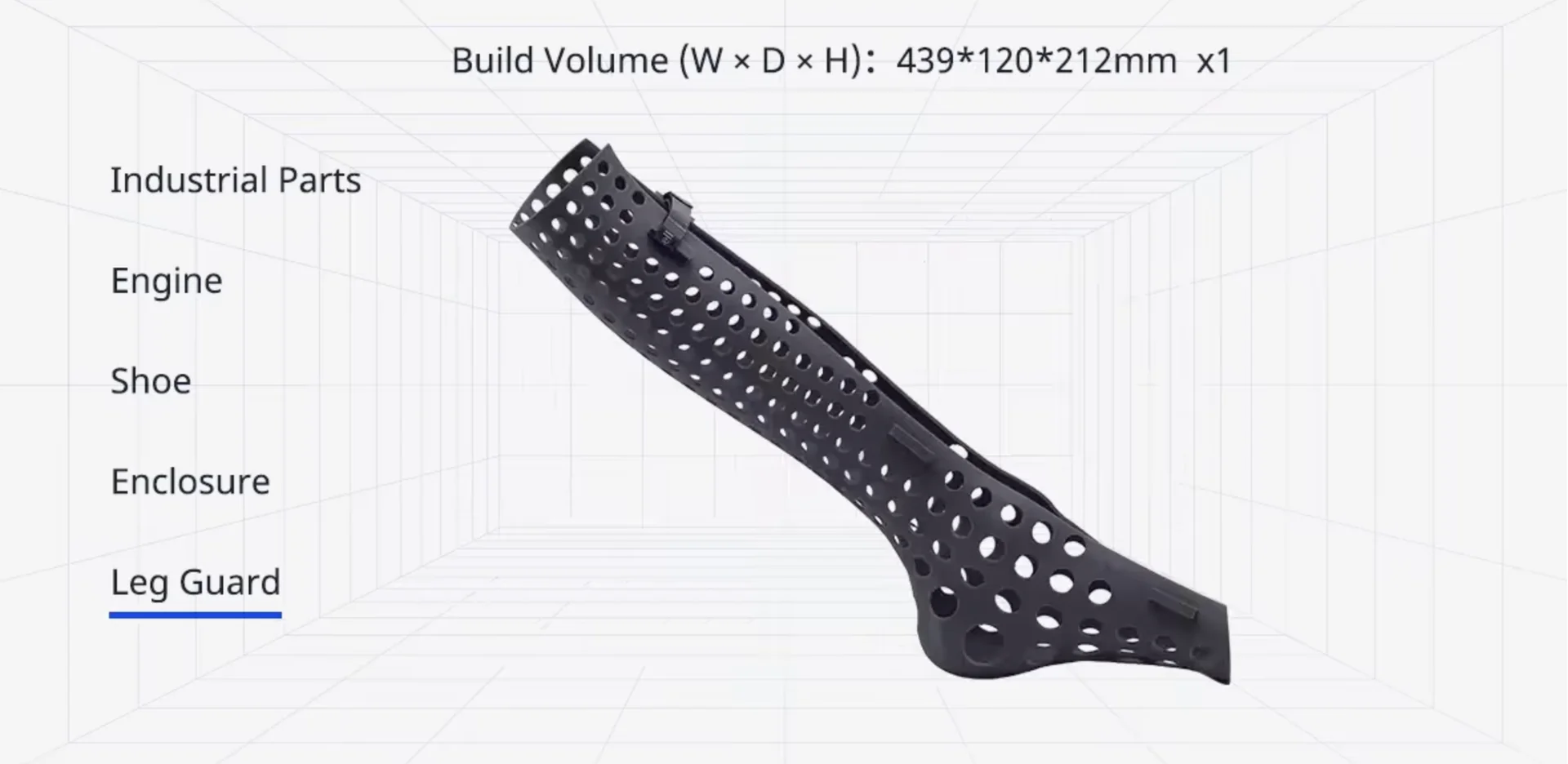 emake3d Galaxy 1 3D-printed perforated leg guard, set in a grid backdrop. Build volume: 439x120x212mm. Keywords: Industrial Parts, Engine, Shoe.