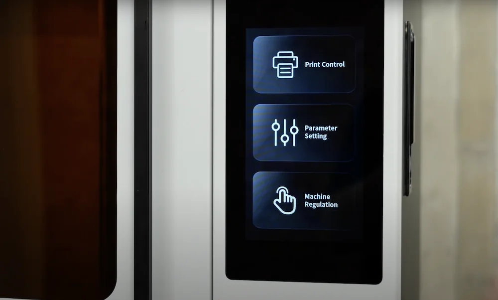 emake3D Galaxy 1 touchscreen interface showing options: Print Control, Parameter Setting, Machine Regulation; sleek design with a partially visible frame.