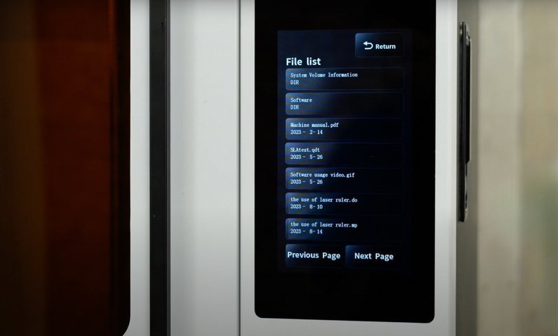 The image shows the touchscreen interface of the emake3d Galaxy 1 3D printer. The screen displays a 