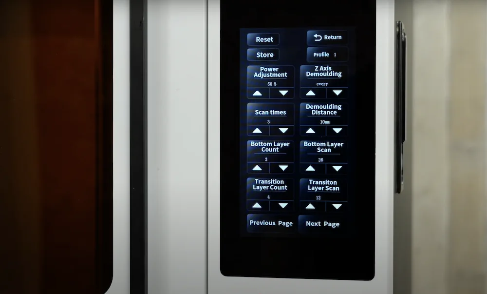 emake3d galaxy 1 touchscreen interface showing print settings and controls in a sleek, modern design for 3D printing management.