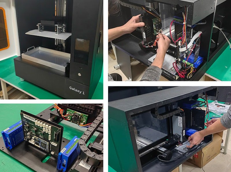 The collage features various views of the Emake3D Galaxy 1 3D printer. The main image displays the Galaxy 1 with its sleek black casing and transparent front panel, revealing the dual-level print bed inside. The printer is equipped with a touchscreen interface located on the front panel, providing user-friendly operation. To the right, smaller images showcase close-ups of its internal components and circuitry, highlighting the arrangement of wires and circuit boards within the machine. One image shows a person assembling or troubleshooting the internal electronics, emphasizing the modular and accessible design of the printer’s hardware. Visible branding on the front states "Galaxy 1". This setting suggests a workbench or an assembly area, indicative of technical adjustments or assembly in progress.