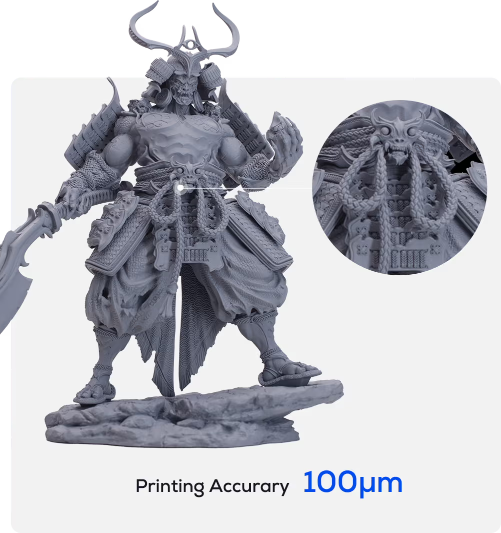 3D-printed samurai figure by emake3d galaxy 1 showcases intricate detail with 100μm accuracy. Close-up highlights fine craftsmanship.