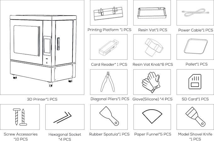 The illustration showcases components of the emake3d Galaxy 1 3D printer and its accessories. At the center, a schematic of the 3D printer highlights its square, box-like structure with a see-through front panel and control access on the right side. Surrounding the printer image are detailed drawings of various included components: a printing platform, resin vat, and power cable for essential operations, a card reader and SD card for data handling, diagonal pliers, silicone gloves, a rubber spatula, paper funnel, and model shovel knife for handling and maintenance. Additional accessories include a set of screws, hexagonal sockets, and a resin vat knob. The layout is organized for easy identification, with each item clearly labeled in terms of quantity, providing a comprehensive overview of the Galaxy 1's package contents.