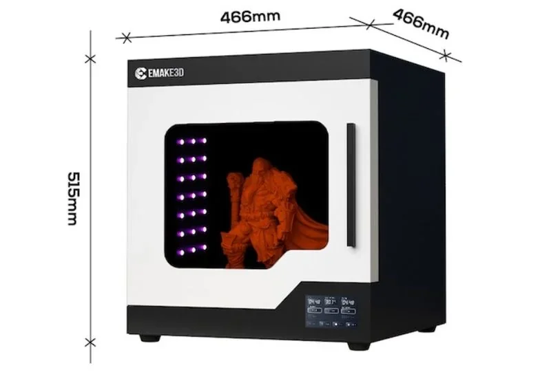 Emake3D Galaxy 1 3D printer with branded front, dimensions, and orange printed figurine inside.