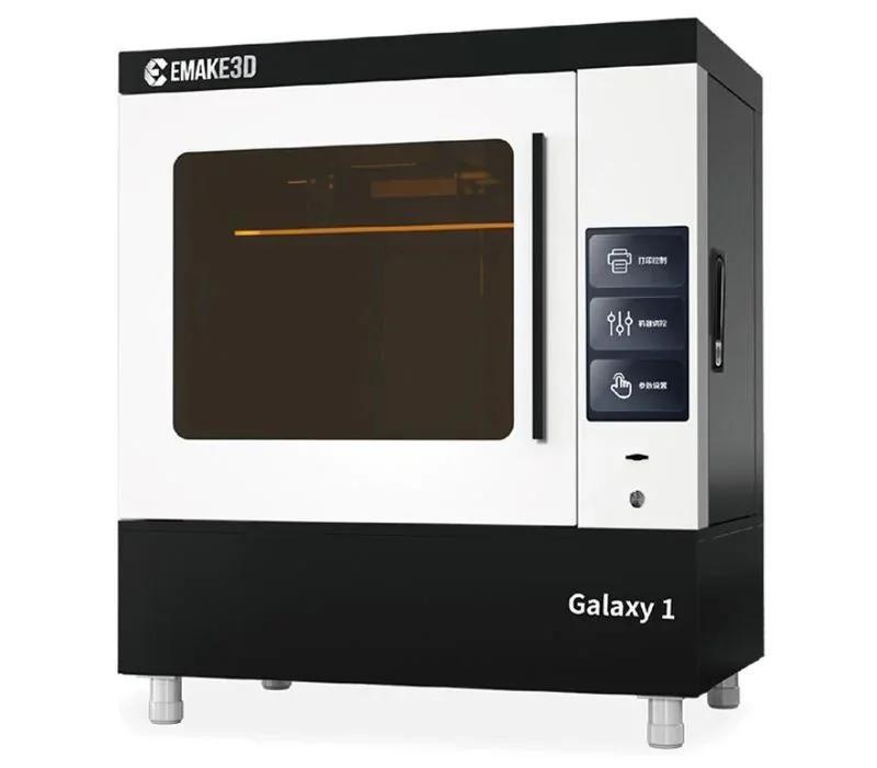 EMAKE3D Galaxy 1 3D printer in black and white design with a front window and control panel. Outputs include samples made by Galaxy 1.