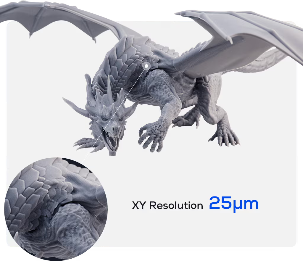 3D-printed dragon model by emake3d galaxy 1, showcasing detailed scales and texture with XY resolution 25µm; zoom-in highlights fine details.