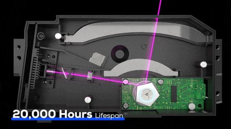 emake3d galaxy 1 component showcasing green circuitry, pink laser beams, and 20,000-hour lifespan branding.