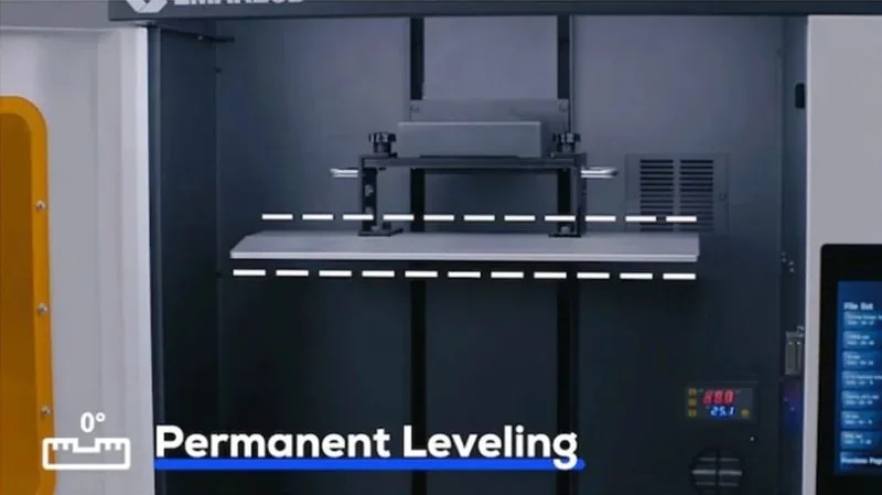 Emake3D Galaxy 1 3D printer with permanent leveling feature displayed, showcasing precision leveling mechanism in the interior chamber.