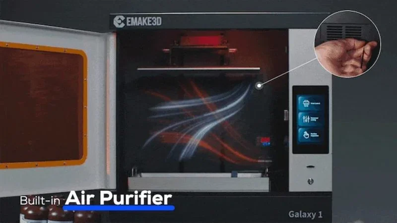 Emake3D Galaxy 1 3D printer with built-in air purifier, showcasing air flow design, touch screen, and branded detail.