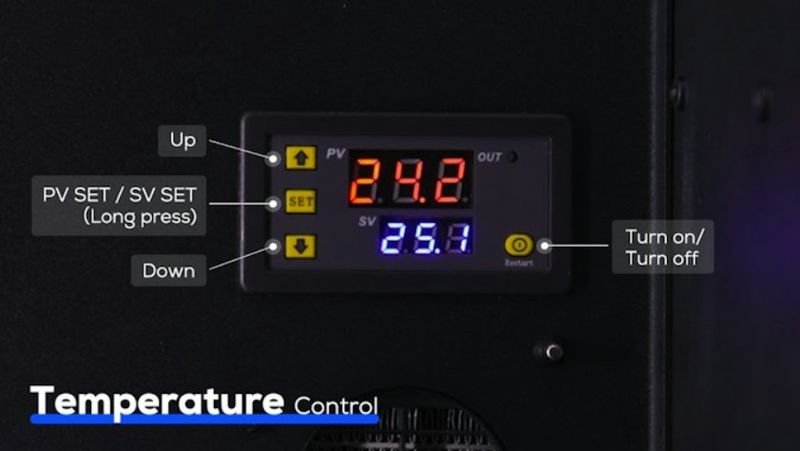 The image displays a close-up view of the emake3d Galaxy 1's temperature control panel. The panel is equipped with a digital display showing the current temperature (PV) at 24.2°C and the set temperature (SV) at 25.1°C in numerical LEDs. The panel is labeled with buttons for adjusting the temperature, including 
