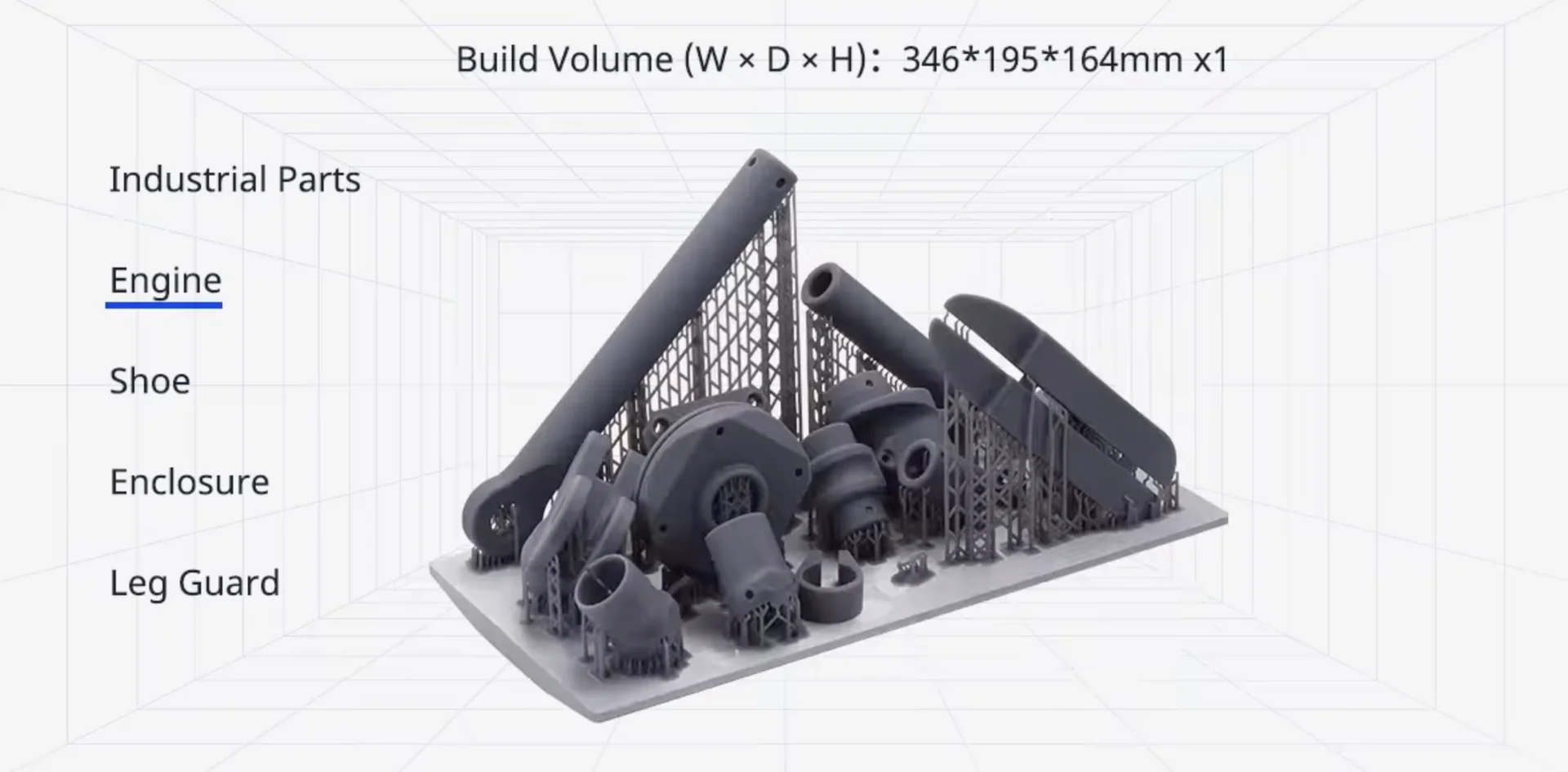 emake3d galaxy 1 3D printed parts, including industrial components and supports, showcasing the printer's build volume capabilities.