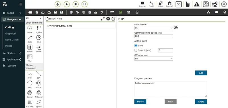 Robot programming interface for fairino fr10, showing coding console and PTP settings, including command inputs, commissioning speed, and program preview.