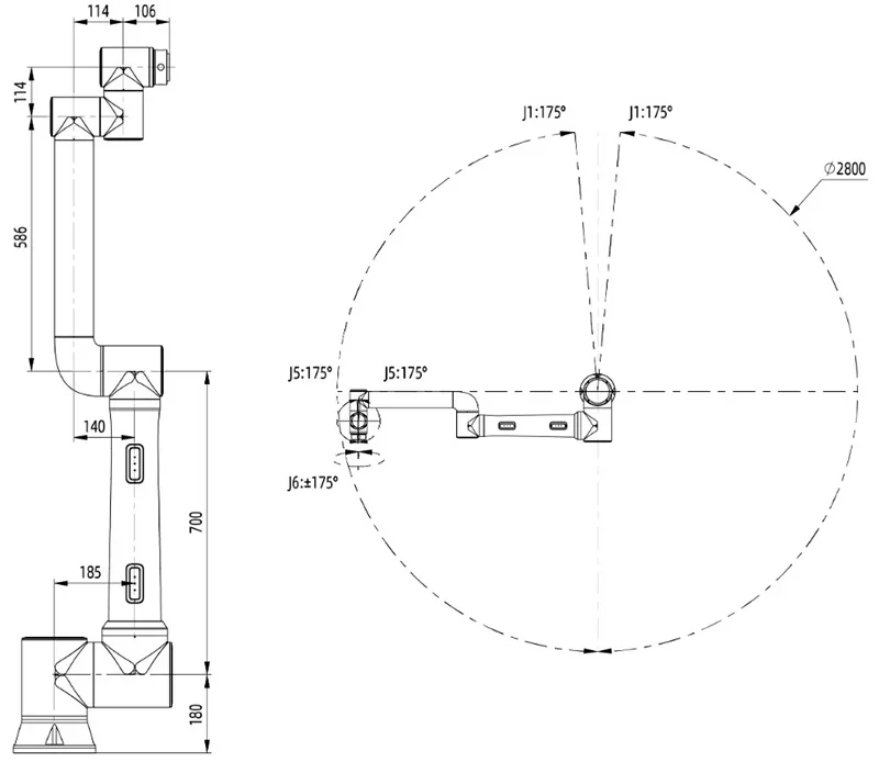 Technical diagram of fairino fr10 robot arm showing dimensions, angles, and movement range with clear lines and angles for precise robotic articulation.