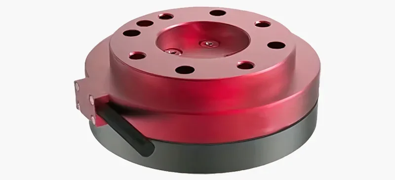 Fairino FR10 robotic component, red circular metallic part with multiple holes, sleek design, black base, used in industrial automation setups.