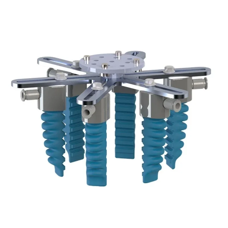 A robotic gripper mechanism with six blue flexible silicone fingers, part of the fairino FR10, designed for collaborative robots in industrial settings.