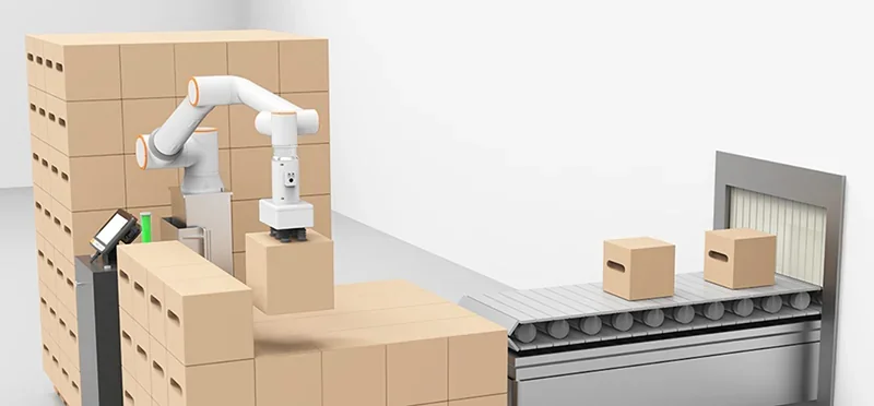 Fairino fr10 robot arm stacking boxes on a conveyor belt in a warehouse setting, illustrating efficiency and automation.