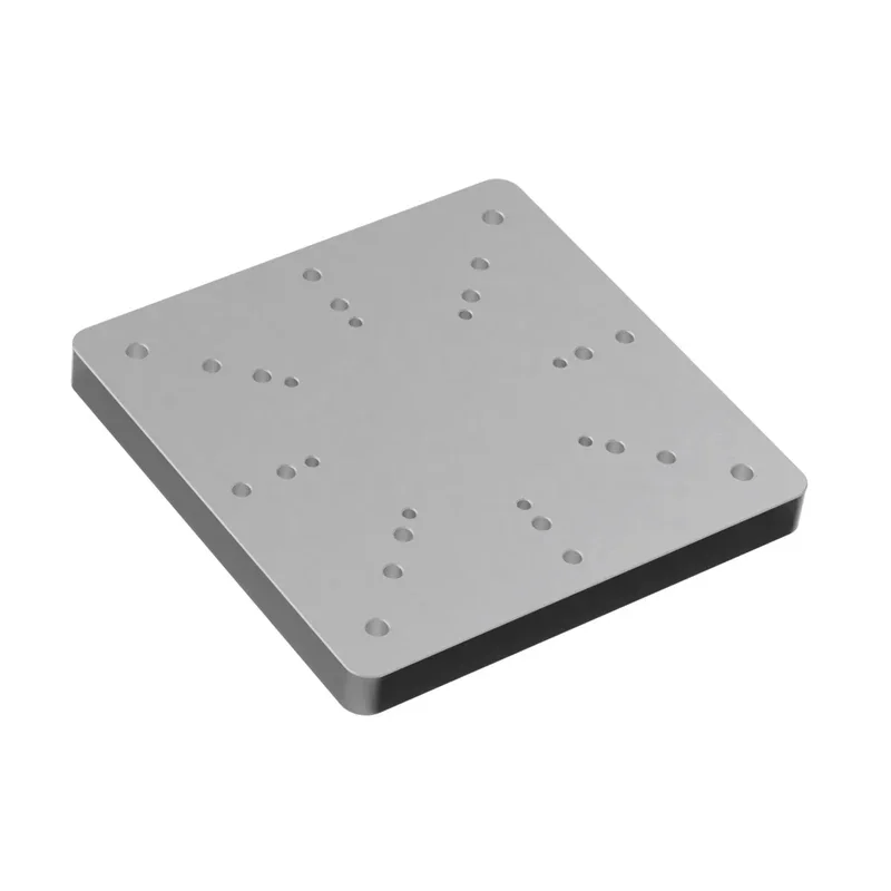 Square metal plate with evenly spaced holes, likely a sample part created by Fairino FR10 collaborative robot.