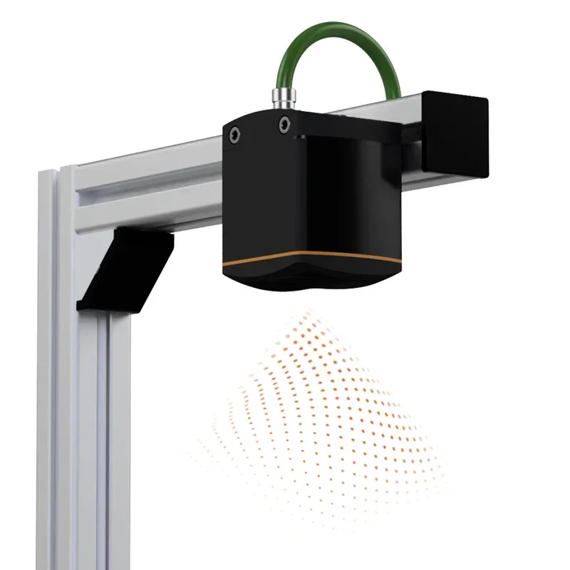 Fairino FR10 collaborative robot scanning area with structured light pattern, mounted on an aluminum frame, featuring black and orange design.
