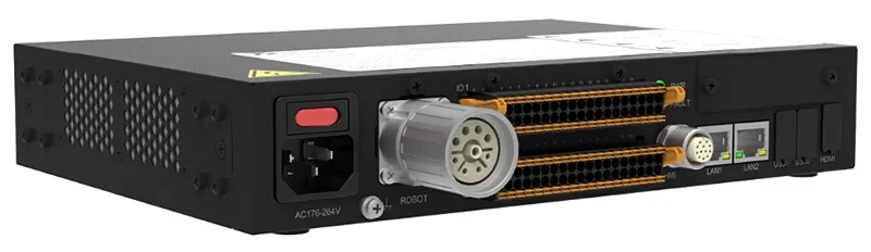 fairino fr16 controller unit with ports for robot connections, power switch, Ethernet, USB, HDMI, and cooling vents visible, showcasing technical design.