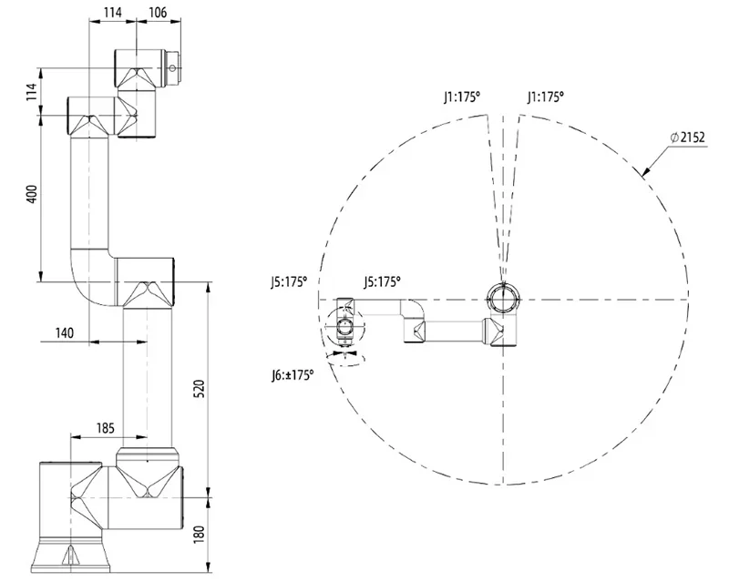 Technical diagram of fairino fr16 robot arm, detailing dimensions and joint angles, with rotational range shown, highlighting design and mechanical structure.