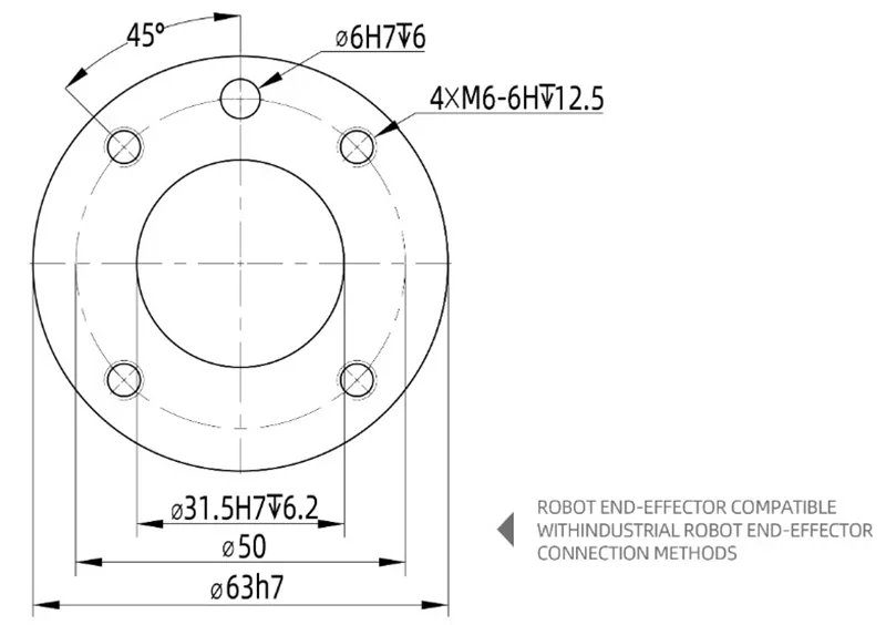 Technical diagram of Fairino FR16 robot end-effector flange showing detailed measurements and specifications for industrial compatibility.