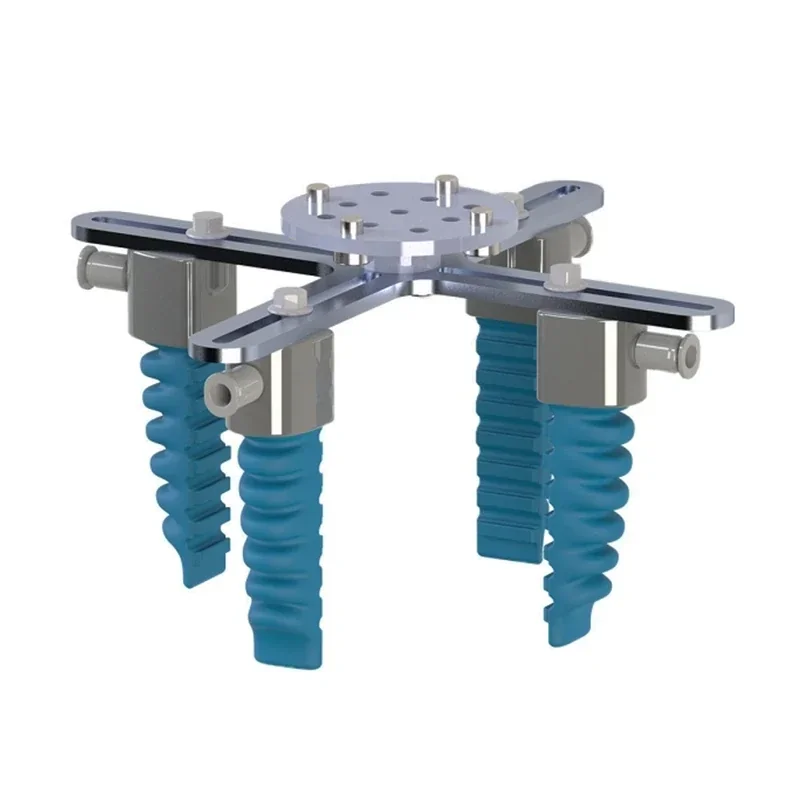 Fairino FR16 robotic gripper with four flexible blue suction cups on a metallic frame, designed for precise handling and manipulation tasks.