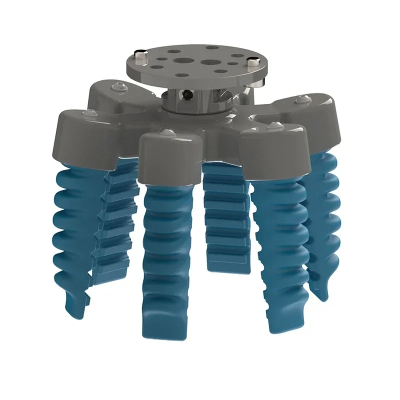 Gray and blue robotic gripper with multiple flexible fingers, branded as fairino fr16 for collaborative robots, designed for handling objects.