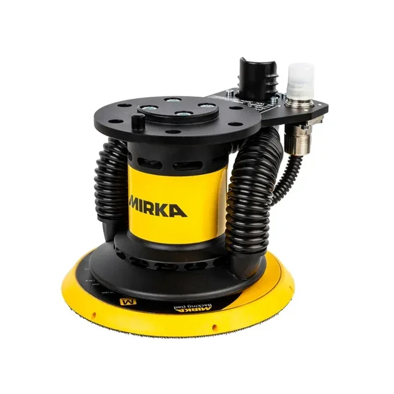 Yellow and black sander labeled "Mirka," features coiled cables and connectors on top, likely parts created by Fairino FR16 collaborative robot.