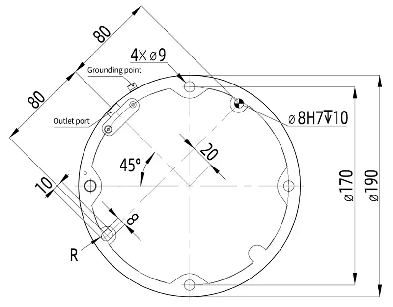 Technical diagram of a circular part with dimensions produced by fairino fr16, featuring outlet port, grounding point, and 45-degree angle annotation.