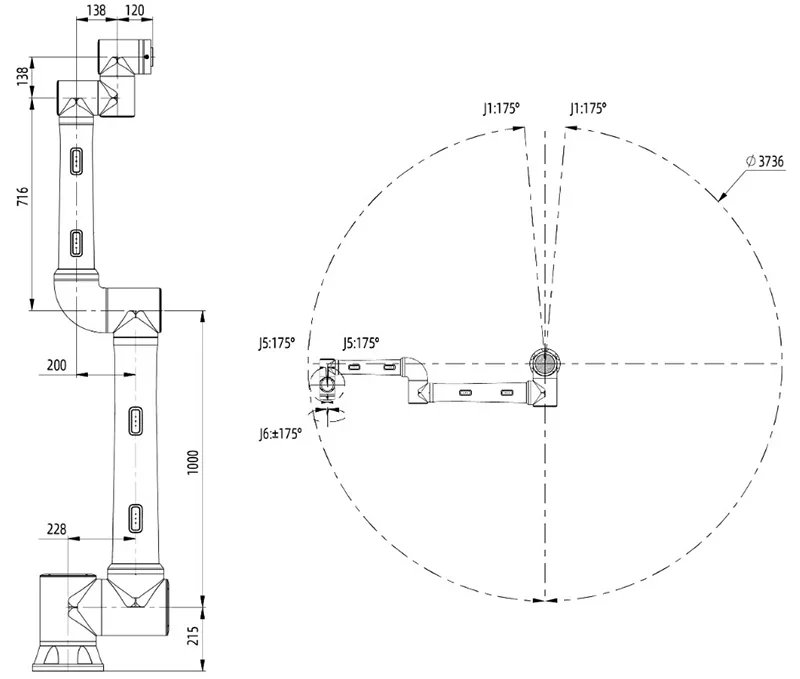 Technical diagram of Fairino FR20 robot arm showcasing dimensions, joint angles, and rotational capabilities, emphasizing its design and functional range.
