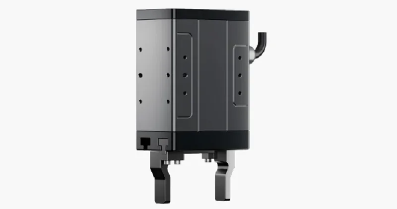 Sleek robotic gripper, fairino fr20, with dual fingers and black metallic finish on a neutral background, showcasing industrial design elements.