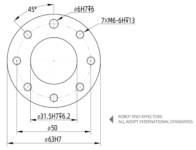 Technical diagram of a circular part with measurements created by fairino fr20, showcasing dimensions, angles, and standards for robot end-effectors.