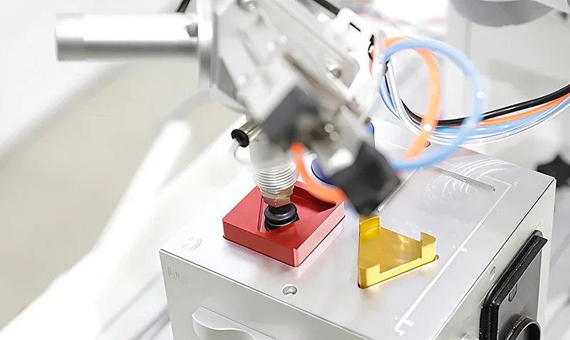 fairino fr20 robotic arm assembling parts, including a red base and gold component, with connected blue and orange wires in a lab setting.