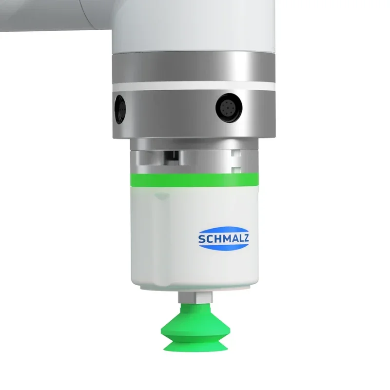 Collaborative robot arm with Schmalz vacuum gripper, likely used by fairino fr20; silver and white design with green accents.