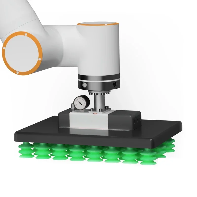 Fairino FR20 robotic arm with green suction cups on a black platform, used for handling and assembling items, features visible gauge.