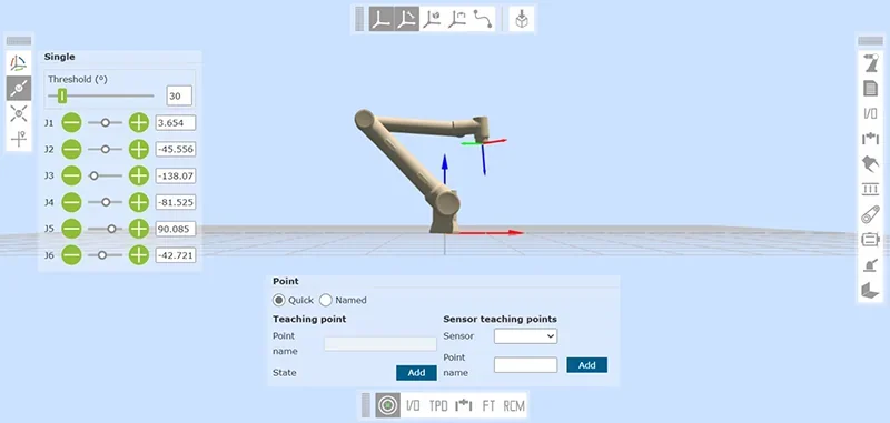 Fairino FR3 robotic arm interface showing joint angles and teaching points UI, displayed on a blue background with control sliders and settings panel.