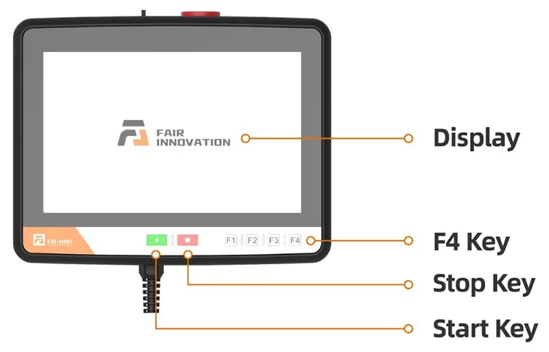 Fairino FR3 control panel with display, F4, stop, and start keys labeled. Fair Innovation logo visible.