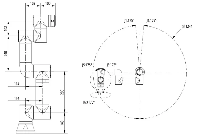 Technical diagram of Fairino FR3 robot arm, showing joint angles and dimensions, highlighting its rotation capacity and design structure.