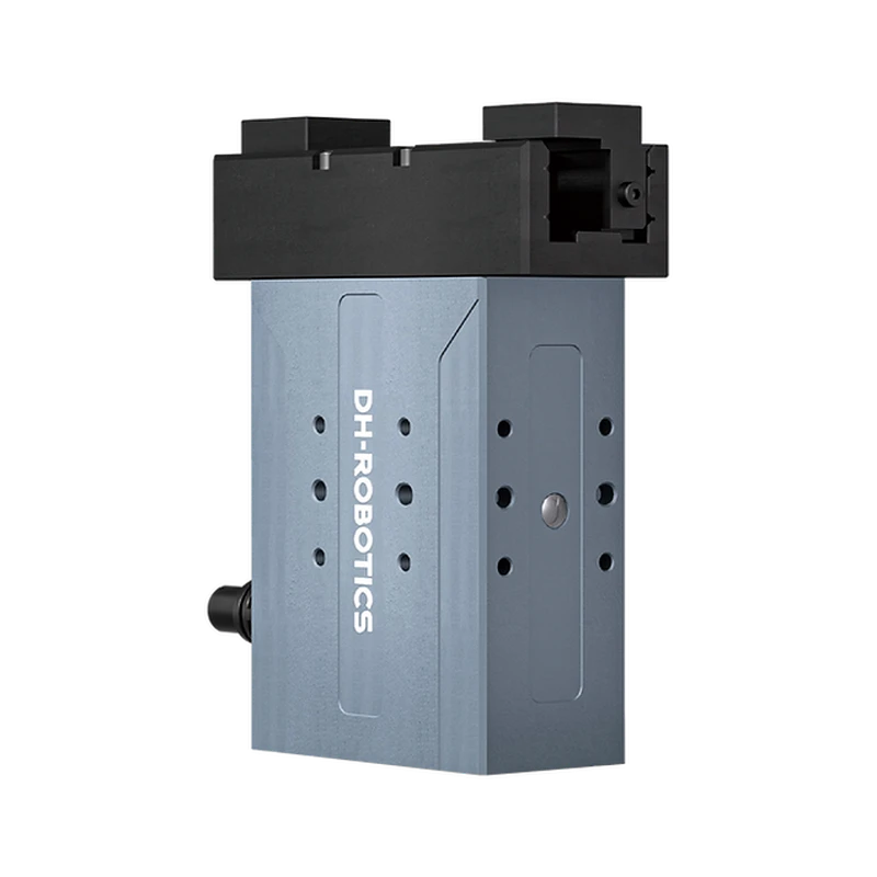 DH Robotics actuator component, sleek blue-gray metal design, used in Fairino FR3, visible branding, precision-engineered for automation tasks.