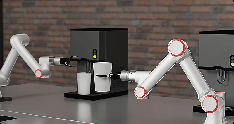 Robotic arms by Fairino FR3 preparing coffee at a station with modern coffee machines, showcasing automated process.