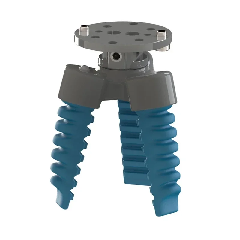 Fairino FR3 collaborative robot gripper with blue flexible fingers and a gray mounting plate, used for handling parts or samples.