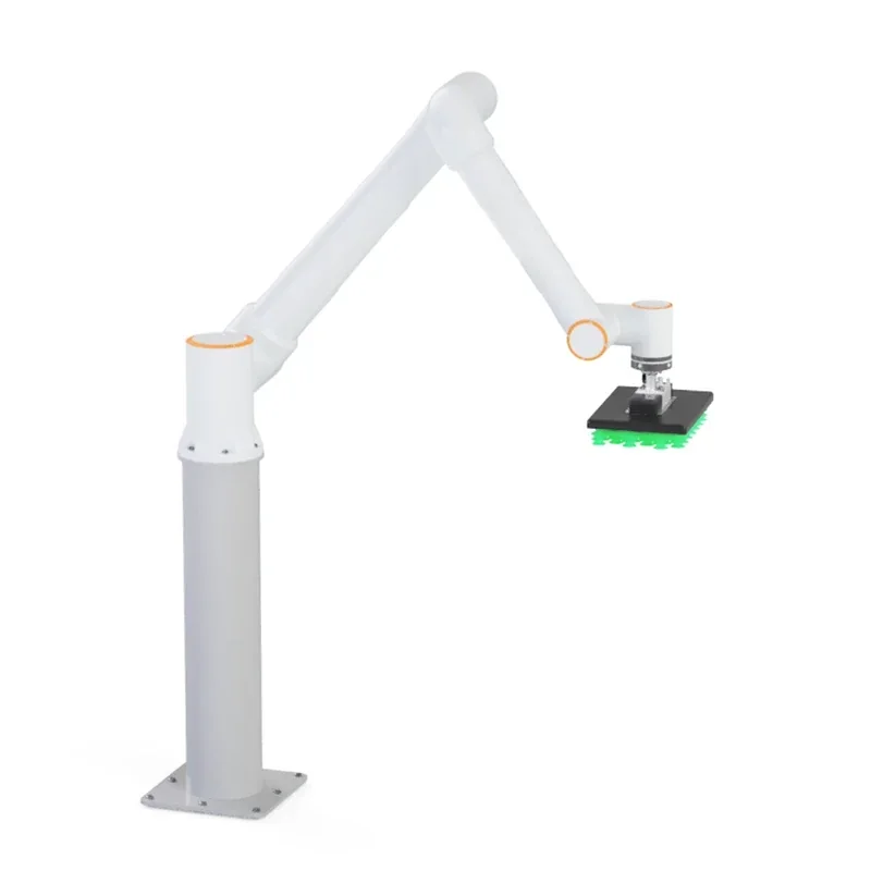 Fairino FR3 collaborative robot arm, white with orange accents, extends holding a gripper possibly used for creating parts; mounted on a straight base.