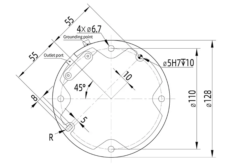 Technical diagram showing dimensions and components for a fairino fr3 part with outlet port, grounding point, and precise measurements.