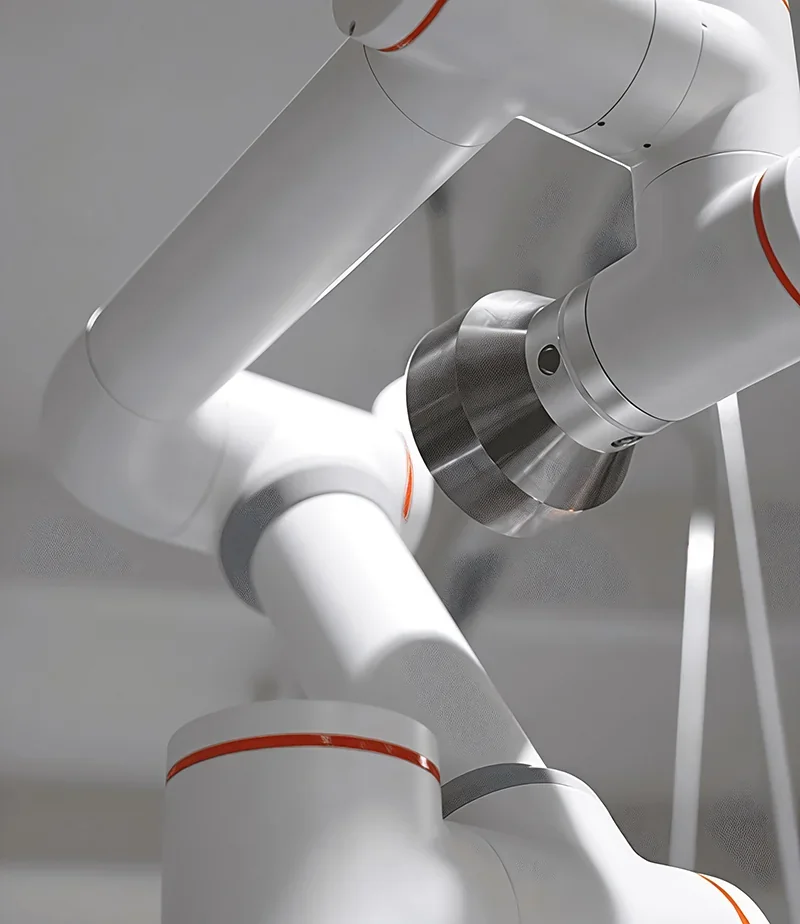 White robotic arm with sleek joints and orange accents, fairino fr30 model; industrial setting, demonstrating precision engineering and movement.