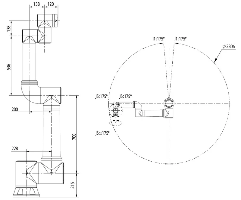Technical diagram of Fairino FR30 robot arm with joint angles, side and top views, labelled dimensions indicate arm structure and reach capabilities.