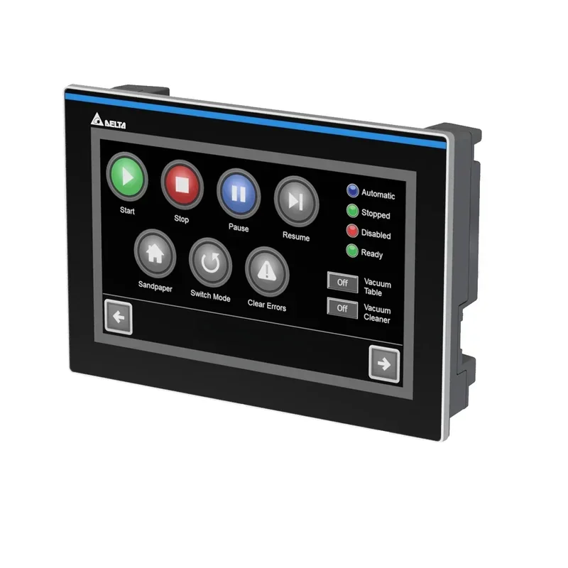 Delta touchscreen interface showing controls for fairino fr30, featuring start, stop, pause functions, status lights, and vacuum controls.