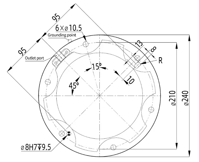 Technical diagram of circular component created by fairino fr30, showing dimensions, grounding points, outlet port, with labeled angles and diameters.